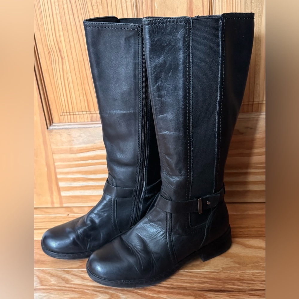 Clarks Black Leather Tall Riding Boots, Low Heel, Women’s Size 6